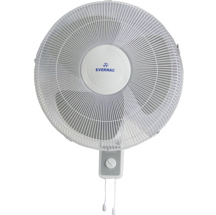 A white 16 inch wall fan with two pull strings, branded Evernal.