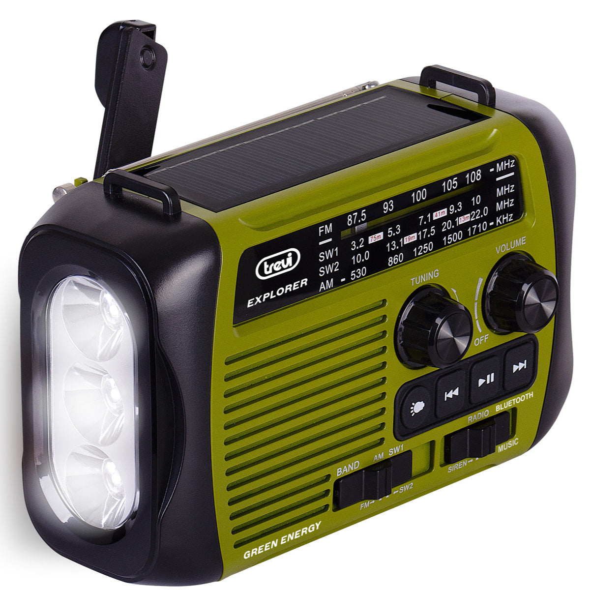 Trevi Explorer Portable Radio - FM Radio, MP3 player, BT speaker, Torch, Powerbank, Dynamo, Built-in Solar Panel (RA7F30BT)