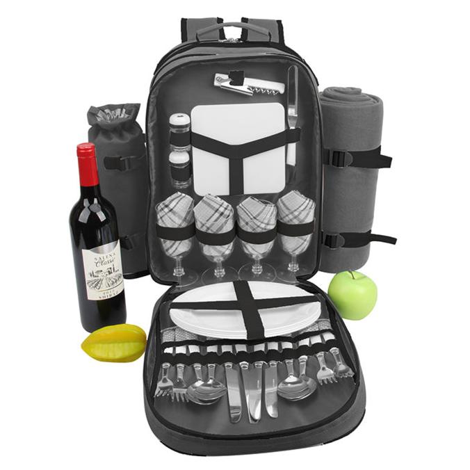 Picnic Backpack With Tableware Set for 4 People, Blanket and Bottle Cooler - Blue, Grey (JLD-08297-B)
