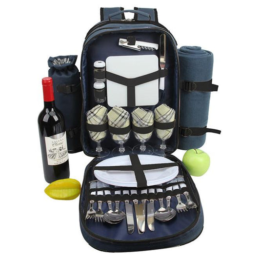 Picnic Backpack With Tableware Set for 4 People, Blanket and Bottle Cooler - Blue, Grey (JLD-08297-B)