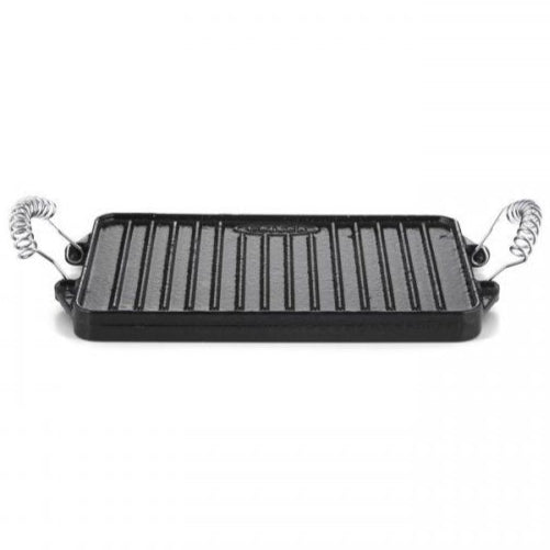 Rectangular cast iron enamelled griddle with side handles, showing the griddle's pattern and the enamel coating.