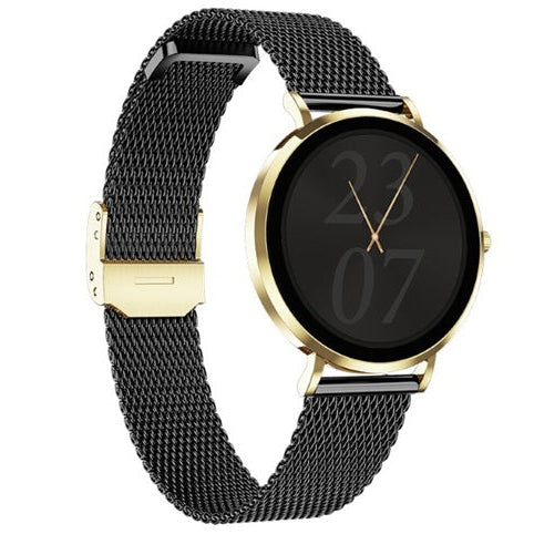 Watch with black metal strap and gold case on a white background